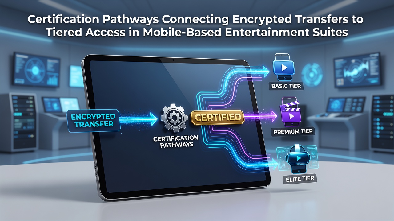 Mobile entertainment suite interface showing encrypted transfer pathways and tiered access controls