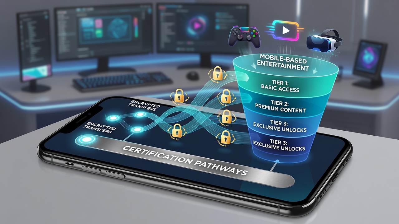 Diagram of certification workflow linking encrypted transfers to tiered user access in entertainment applications