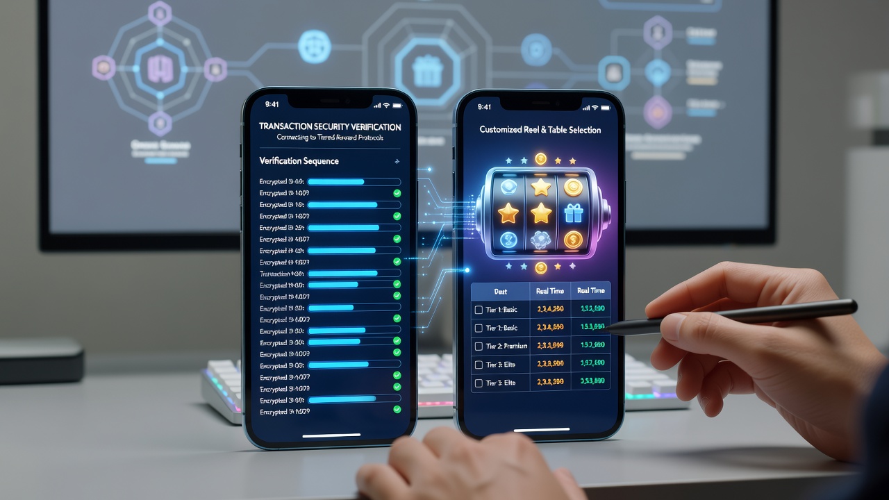 Mobile device displaying secure transaction verification interface connected to personalized slot reel and table game options in a tiered reward app