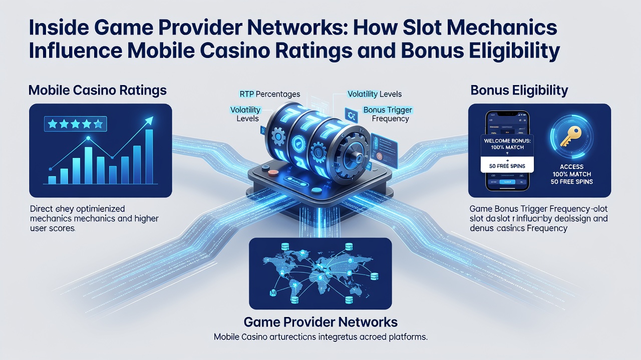 Illustration of mobile interface displaying slot bonus triggers linked to casino rating metrics and eligibility status