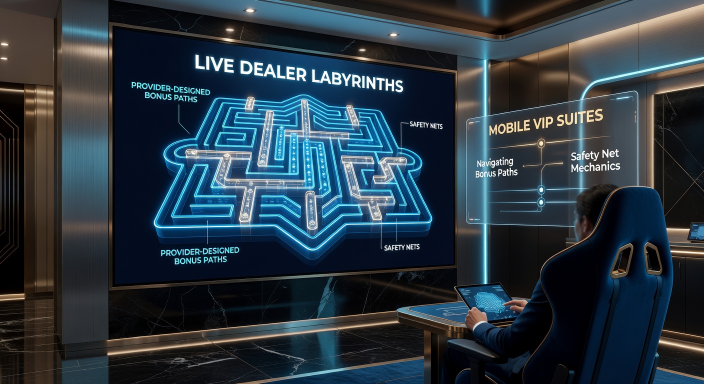 A sleek mobile screen displaying a live dealer roulette table with glowing bonus path overlays in a VIP suite interface, highlighting intricate navigation elements and safety indicators.