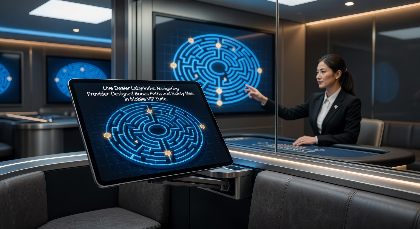 Close-up of a mobile VIP blackjack interface showing a branching bonus path with safety net pop-ups, multipliers glowing along the trail, and a live dealer in the background.