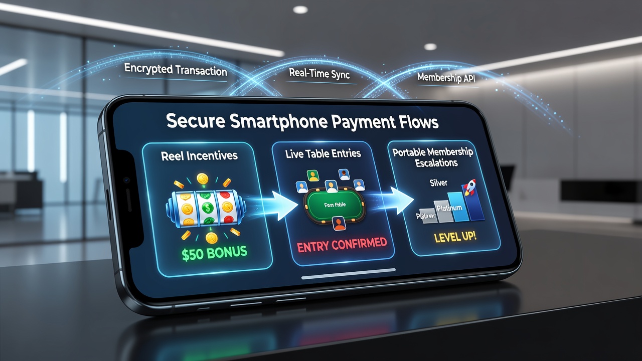Secure smartphone payment interface showing reel incentives linked to live dealer tables and membership upgrades
