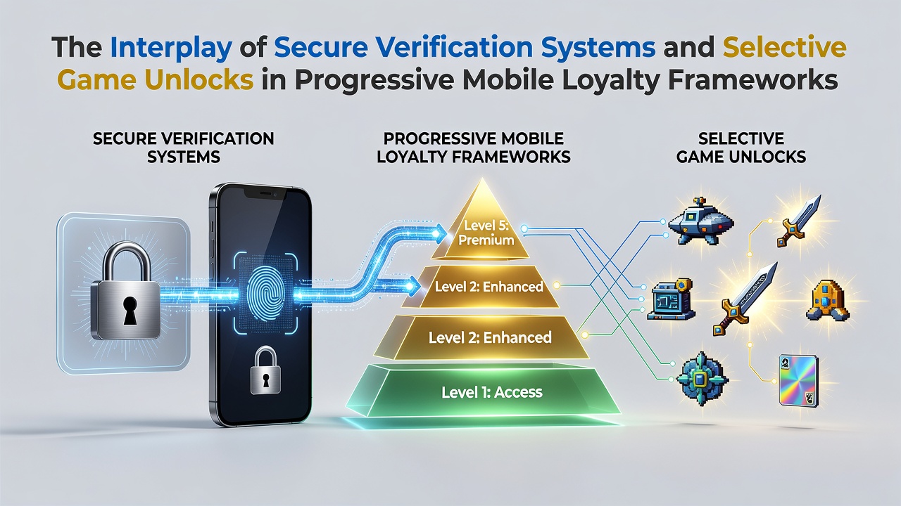 Mobile app interface showing secure verification steps alongside progressive game unlock options in a loyalty dashboard