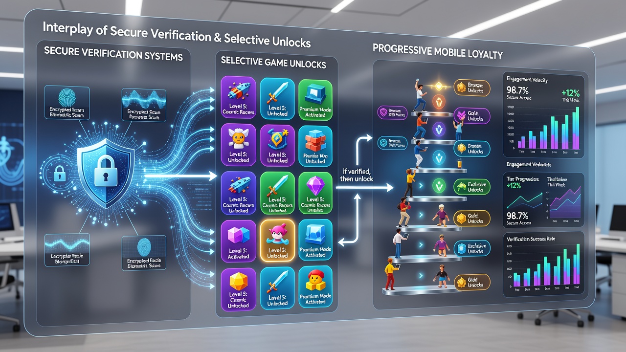 Diagram illustrating connections between encrypted verification flows and tiered game access levels within loyalty tracking modules